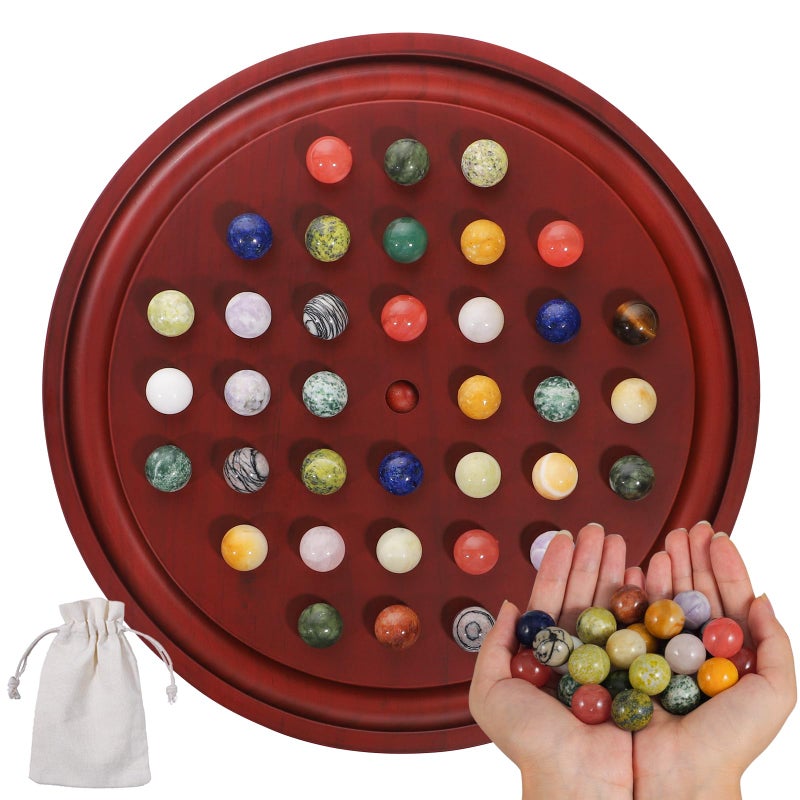 Wahartoly Solitaire Game 126 inch Round Wooden Board with 36 Natural Marble MarblesHighly Difficult Single Player Strategy Game Holiday and Retirement Gifts - Image 3