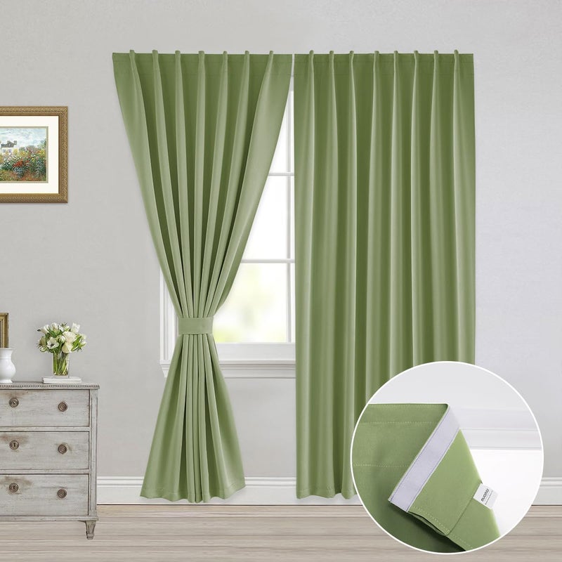 Muamar 2pcs Blackout Curtains for Bedroom with Tiebacks Self Adhesive Rodless Curtains  Portable Curtains Room Darkening Curtains for Living Room Sage Green 52"" W x 84"" L - Image 1
