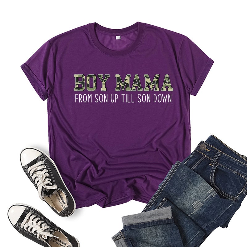Boys mother Boy Mama printed short sleeve T-shirt European and American mens and womens jacket summer loose wholesale foreign trade cross-border Purple