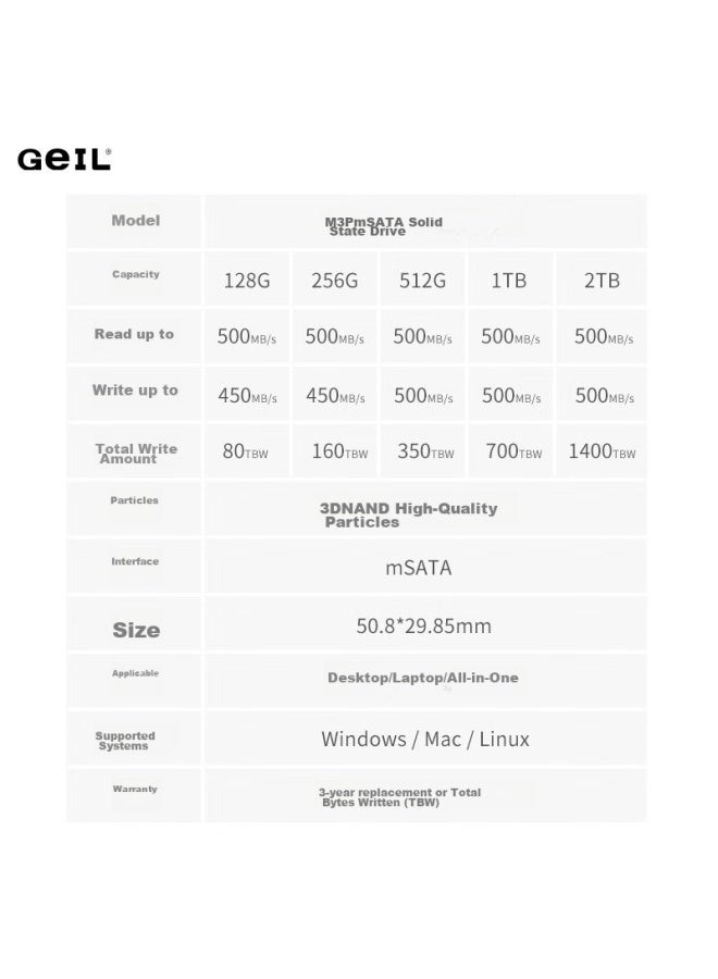 Geil 512gb Ssd Solid State Drive, Msata, For Desktop And Laptop, High-speed 500mb/s, M3p Series - Image 2