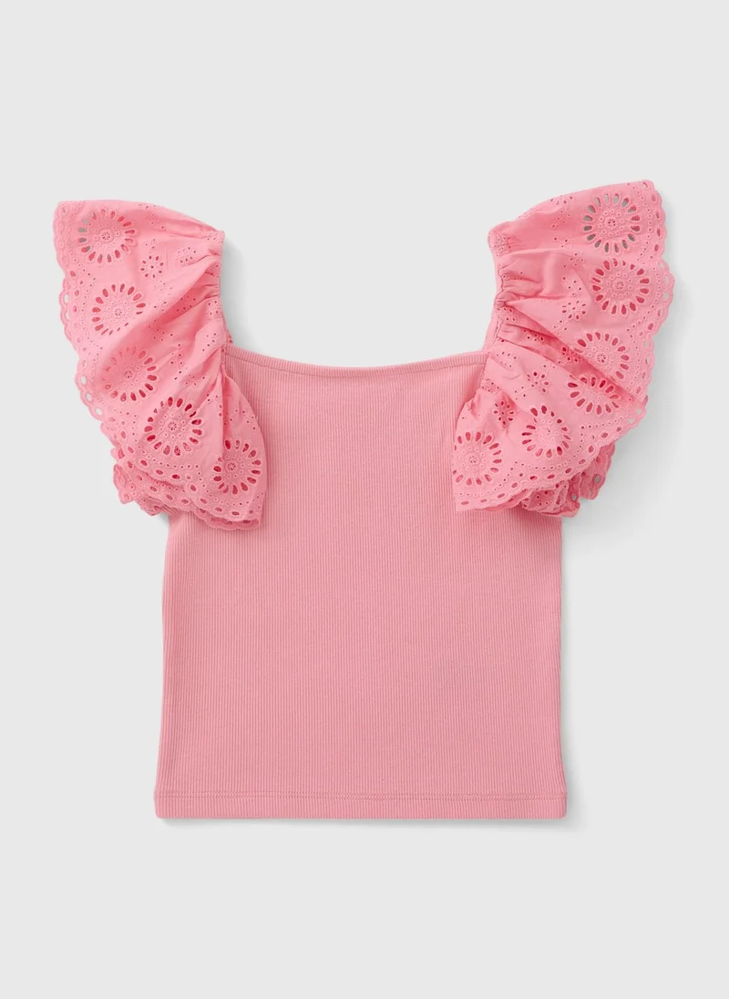 ماتلان Girls Pink Broderie Frill Sleeve Top