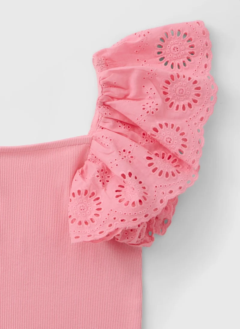ماتلان Girls Pink Broderie Frill Sleeve Top