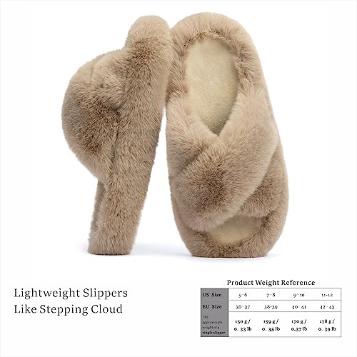 Chantomoo Women's Cross Slippers Memory Foam House Bedroom Slippers for Women Fuzzy Plush Comfy Faux Fur Lined Slide Shoes Anti-Skid Sole Trendy Gift Slippers Light BrownSize7 8 6.5 - Image 3