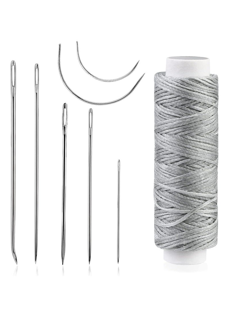 SOLARAE Waxed Thread 32 Yards with 7 pcs Leather Hand Sewing Needles, Flat Sewing Waxed Thread for Home Upholstery Carpet Leather Sewing Waxed Thread Cord Leather Craft DIY Grey - Image 1