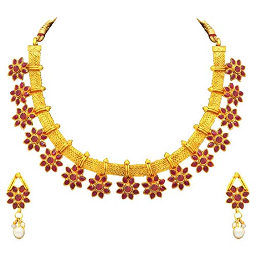 Aheli Floral Shaped Faux Stone Studded Necklace Earrings Set Indian Traditional Wedding Party Fashion Ethnic Jewelry Gift for Women - Image 1