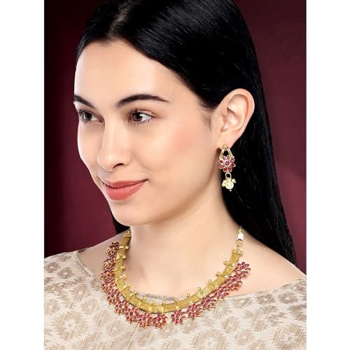Aheli Floral Shaped Faux Stone Studded Necklace Earrings Set Indian Traditional Wedding Party Fashion Ethnic Jewelry Gift for Women - Image 3