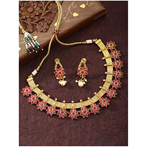 Aheli Floral Shaped Faux Stone Studded Necklace Earrings Set Indian Traditional Wedding Party Fashion Ethnic Jewelry Gift for Women - Image 2