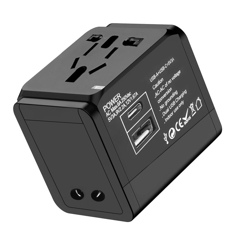 International Travel Adapter, All-in-One Universal Adapter Charger Plug, 1 USB Ports and 1 Type C Fast Charging PD 20W, for Europe UK America Australia and Asia etc (Black)