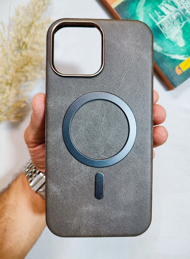 جراب جلد متوافق مع هاتف ايفون 13 برو ماكس، يدعم الشحن اللاسلكي ماج سيف، غطاء مقاوم للصدمات، مصنوع من الجلد الفاخر يكتسب مظهرًا طبيعيًا بمرور الوقت، واقي الكاميرا المرتفع يحمي مجموعة العدسات، مع بطانة داخلية، لهاتف ايفون 13 برو ماكس - رمادى - Image 1