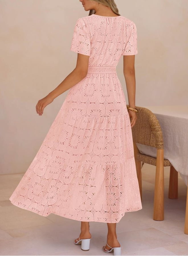 MEROKEETY Women's Spring Summer Floral Maxi Dress 2026 Boho Eyelet Hollow Out Lace Short Sleeve A Line Tiered Flowy Dresses, Pink, M - Image 3