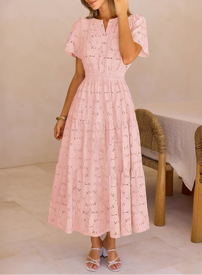 MEROKEETY Women's Spring Summer Floral Maxi Dress 2026 Boho Eyelet Hollow Out Lace Short Sleeve A Line Tiered Flowy Dresses, Pink, M - Image 2