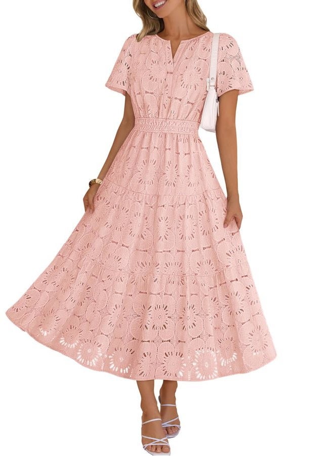 MEROKEETY Women's Spring Summer Floral Maxi Dress 2026 Boho Eyelet Hollow Out Lace Short Sleeve A Line Tiered Flowy Dresses, Pink, M - Image 1