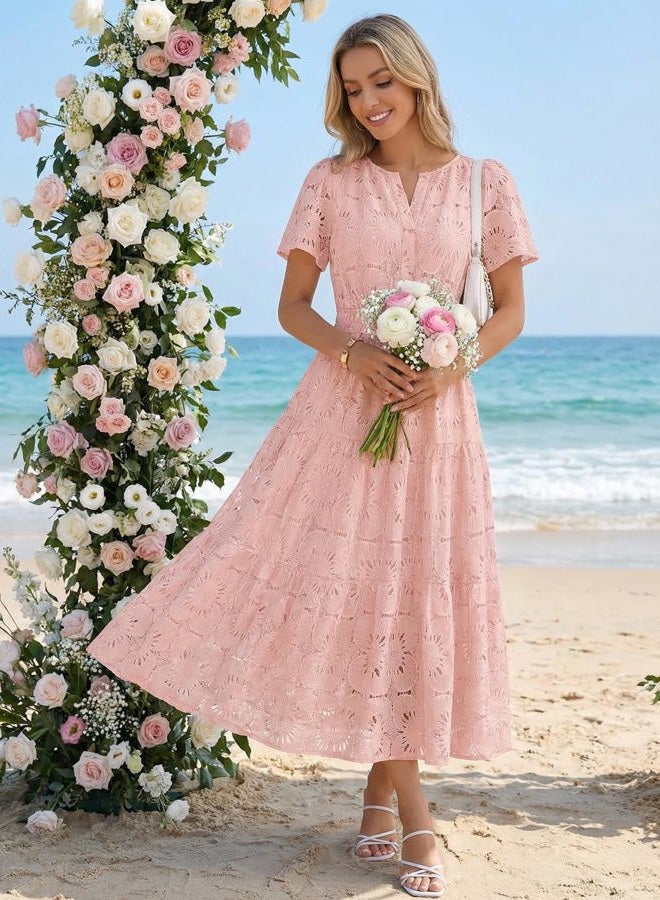 MEROKEETY Women's Spring Summer Floral Maxi Dress 2026 Boho Eyelet Hollow Out Lace Short Sleeve A Line Tiered Flowy Dresses, Pink, M - Image 5