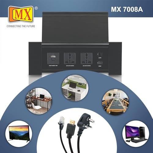 MX Premium Power Console 16A | 6 مقابس عالمية + 2 منافذ USB | مشبك مكتب قابل للإزالة | مفتاح رئيسي | مقبس سطح المكتب مع 3AC + USB-A/C + HDMI + LAN (أسود) - Image 5