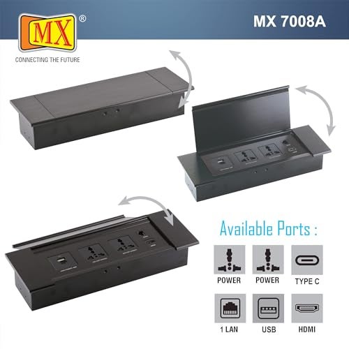 MX Premium Power Console 16A | 6 مقابس عالمية + 2 منافذ USB | مشبك مكتب قابل للإزالة | مفتاح رئيسي | مقبس سطح المكتب مع 3AC + USB-A/C + HDMI + LAN (أسود) - Image 4