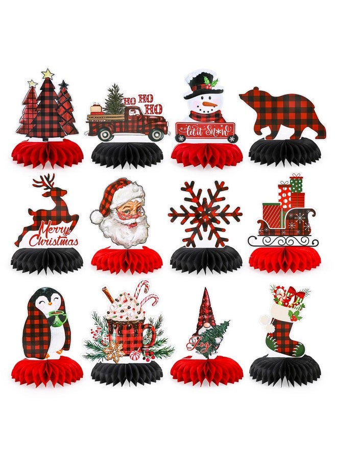 وولاين 12 قطعة من قطع مركزية على شكل قرص العسل منقوش عليها نقشة الجاموس باللونين الأحمر والأسود، ديكورات متنوعة على شكل قرص العسل ثلاثية الأبعاد لطاولة عيد الميلاد لمستلزمات الحفلات - Image 1