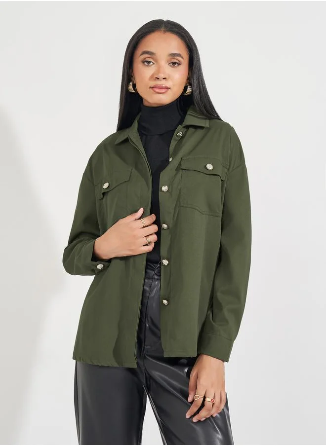 Styli Twill Oversized Shirt with Flap Pockets