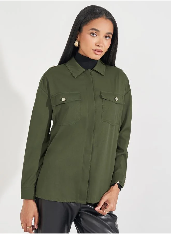Styli Twill Oversized Shirt with Flap Pockets