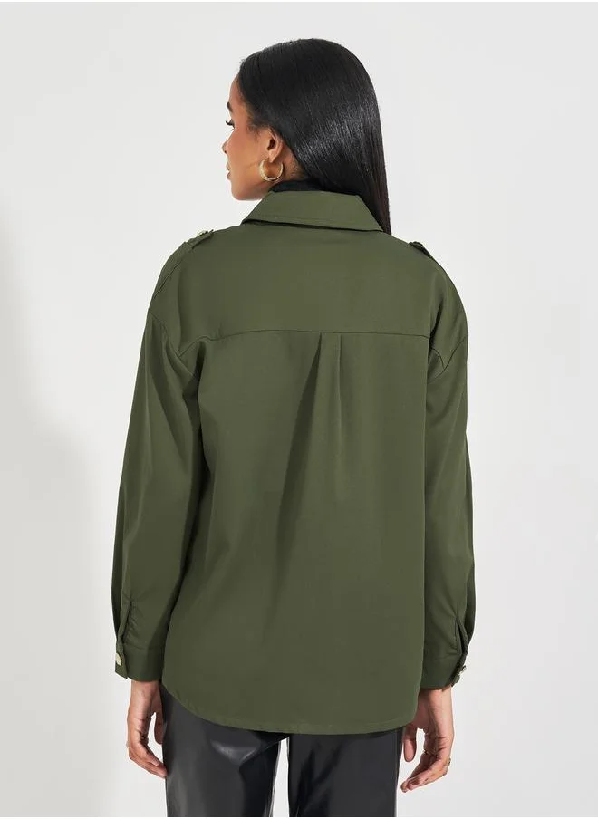 Styli Twill Oversized Shirt with Flap Pockets