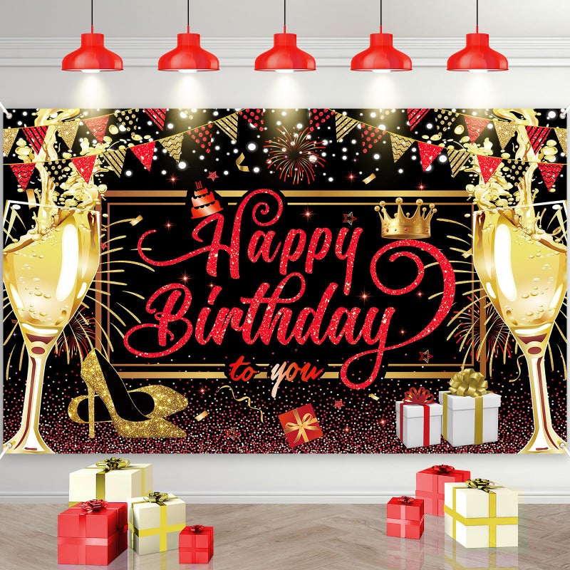 Yoirrat Red Black Gold Happy Birthday Banner, Red and Black Birthday Party Decorations Backdrop for Women Girls Large Sign Glitter Gold Bday Banner Photo Background Supplies 71x 43.3 Inches - Image 1