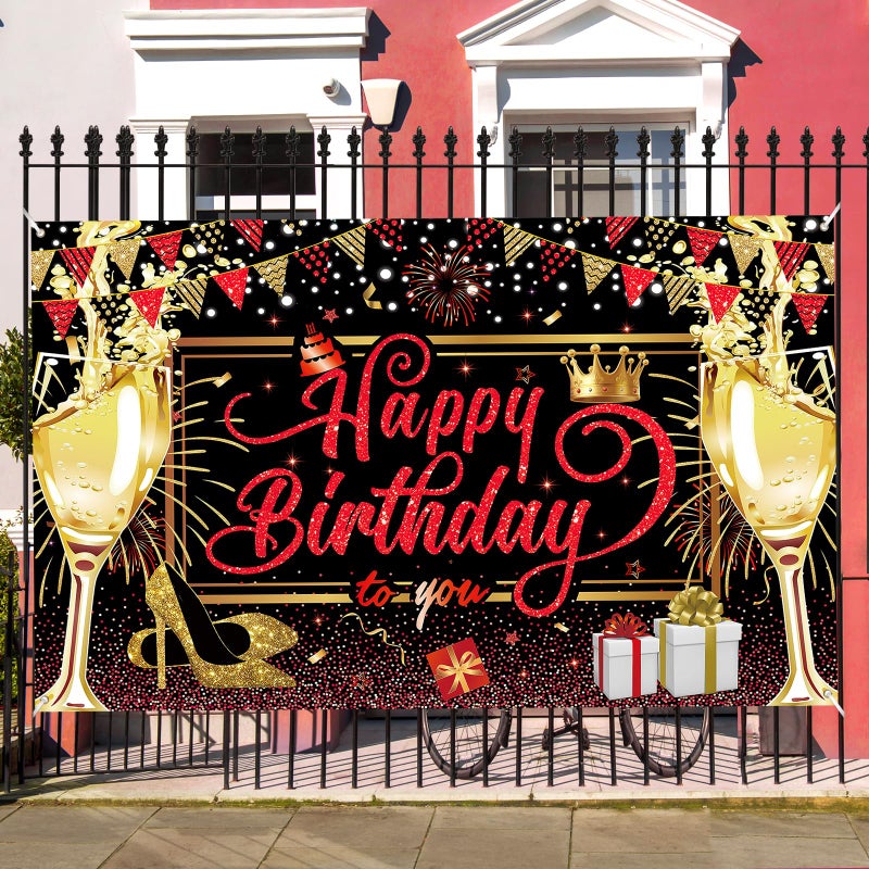 Yoirrat Red Black Gold Happy Birthday Banner, Red and Black Birthday Party Decorations Backdrop for Women Girls Large Sign Glitter Gold Bday Banner Photo Background Supplies 71x 43.3 Inches - Image 5