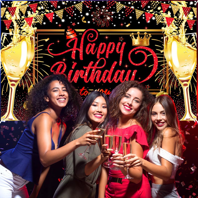Yoirrat Red Black Gold Happy Birthday Banner, Red and Black Birthday Party Decorations Backdrop for Women Girls Large Sign Glitter Gold Bday Banner Photo Background Supplies 71x 43.3 Inches - Image 2
