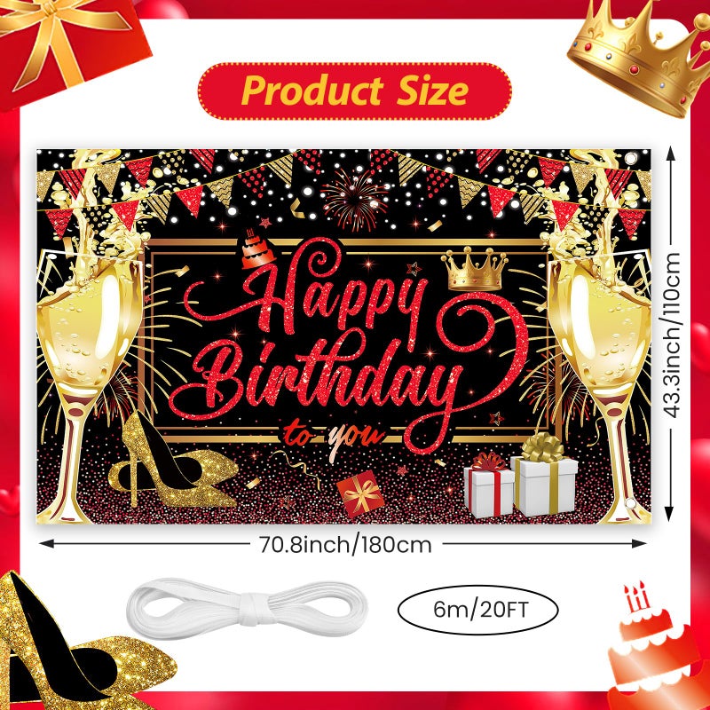 Yoirrat Red Black Gold Happy Birthday Banner, Red and Black Birthday Party Decorations Backdrop for Women Girls Large Sign Glitter Gold Bday Banner Photo Background Supplies 71x 43.3 Inches - Image 4