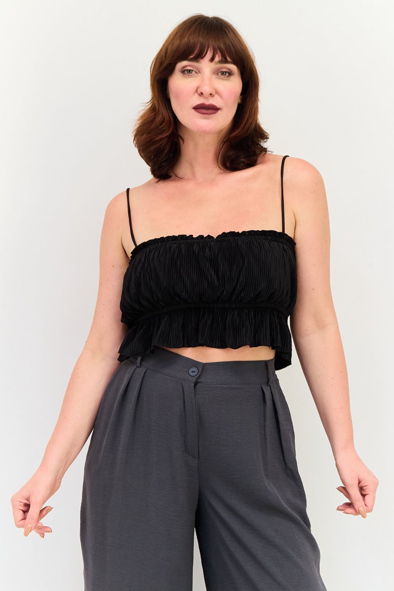 Bershka Women Square Neck Sleeveless Ribbed Crop Top, Black - Image 1