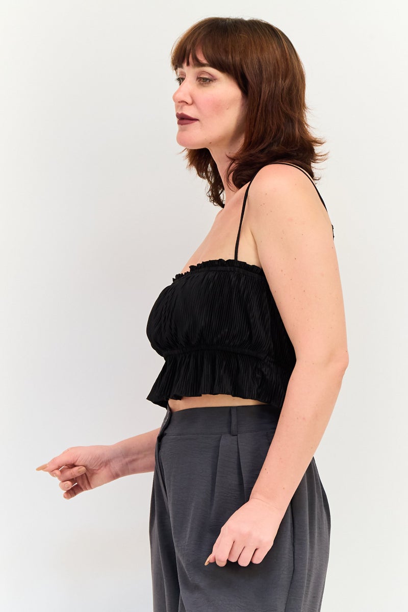 Bershka Women Square Neck Sleeveless Ribbed Crop Top, Black - Image 2