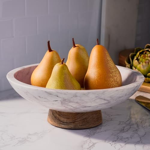 Cork & Mill Marble Decorative Bowl for Home Decor - Handcrafted Natural Stone with Acacia Wood Pedestal - Versatile 11" Catch All for Entryway, Kitchen Fruit Bowl, Potpourri, Dining Table Centerpiece - Image 2