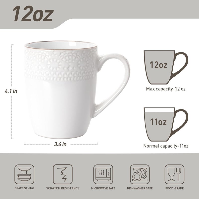 famiware Coffee Mugs Sets for 4 Eden 12 oz Mug Set Coffee Cups with Handle for Coffee Tea Cocoa and Milk Microwave and Dishwasher Safe White Floral - Image 3