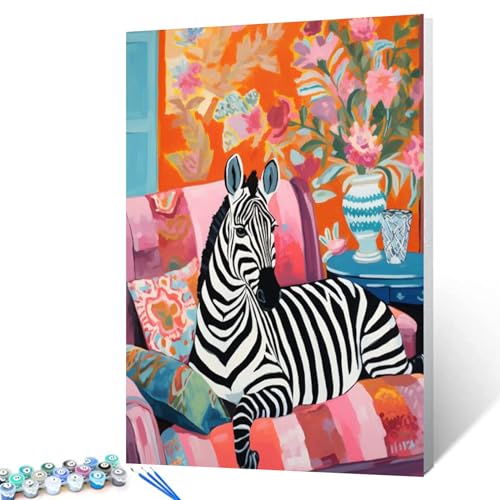 Tucocoo Zebra Sitting on Sofa Paint by Number Colorful Vintage Style DIY Painting on Canvas with Brushes Acrylic Paints Paint by Numbers for Adults and Kids Beginner DIY Kit 16x20 Inch（Without Frame） - Image 2