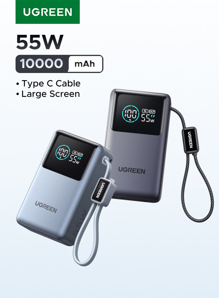 Ugreen 10000mAh 55W Pocket Size Power Bank Fast Charging with Built-in Cable, Compact Portable Charger Battery Pack with Smart Digital Display, 35W Fast Input, Powerbank for Samsung, iPhone, Xiaomi Devices and Travel Use-Black 55W Mini Braided C cable-Black - Image 1