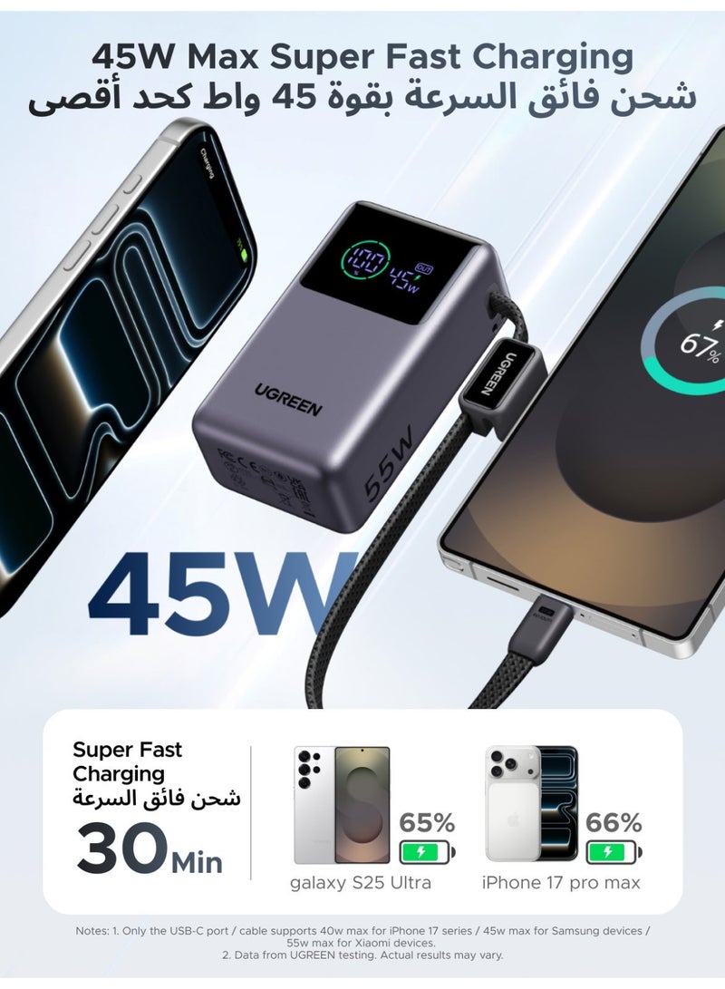 Ugreen 10000mAh 55W Pocket Size Power Bank Fast Charging with Built-in Cable, Compact Portable Charger Battery Pack with Smart Digital Display, 35W Fast Input, Powerbank for Samsung, iPhone, Xiaomi Devices and Travel Use-Black 55W Mini Braided C cable-Black - Image 4