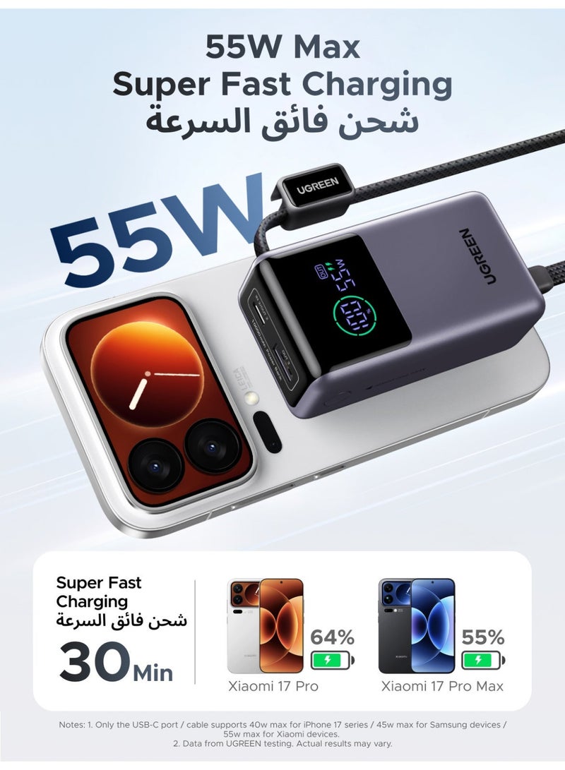 Ugreen 10000mAh 55W Pocket Size Power Bank Fast Charging with Built-in Cable, Compact Portable Charger Battery Pack with Smart Digital Display, 35W Fast Input, Powerbank for Samsung, iPhone, Xiaomi Devices and Travel Use-Black 55W Mini Braided C cable-Black - Image 3