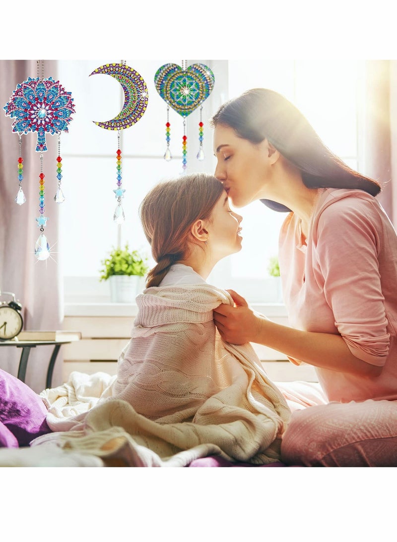 SOLARAE Diamond Painting Pendant Kids, Double Sided Crystal Gem Paint by Number Stereoscopic Hanging Ornaments, Wind Chime Moon Heart Mandala for Home Garden Adults Kids (3 Pcs) - Image 3