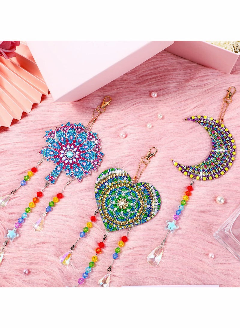 SOLARAE Diamond Painting Pendant Kids, Double Sided Crystal Gem Paint by Number Stereoscopic Hanging Ornaments, Wind Chime Moon Heart Mandala for Home Garden Adults Kids (3 Pcs) - Image 2