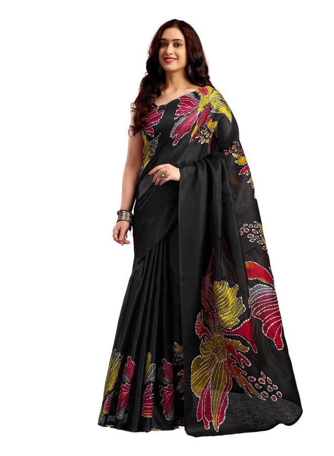 SIRIL Women's Cotton Printed Saree With Unstitched Blouse Piece (4310S264_Black & Yellow) - Image 1