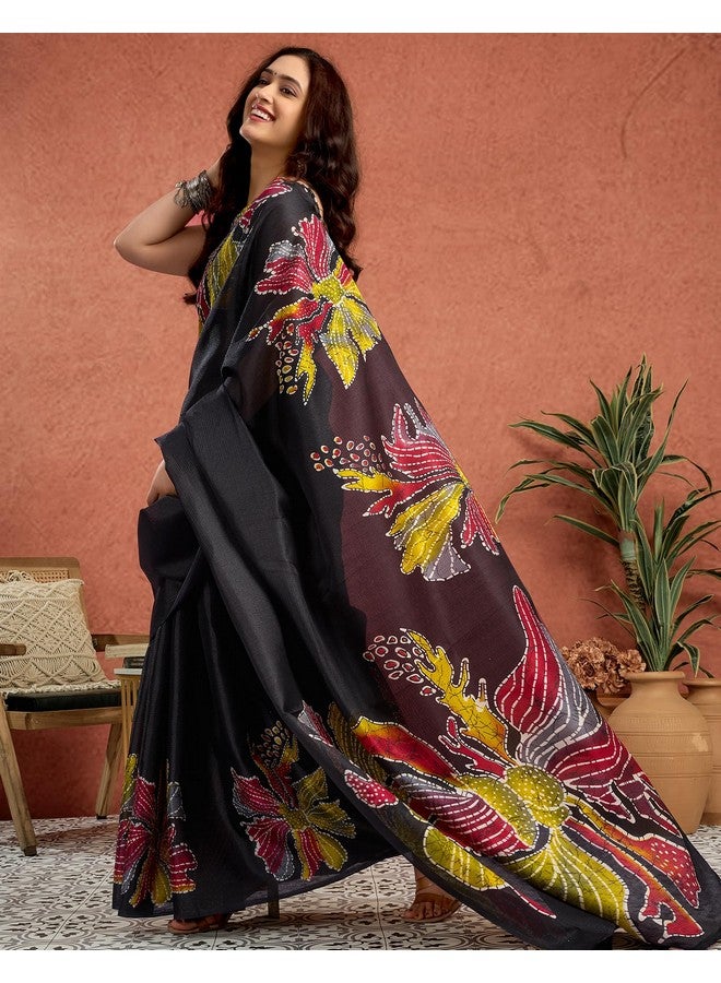 SIRIL Women's Cotton Printed Saree With Unstitched Blouse Piece (4310S264_Black & Yellow) - Image 3