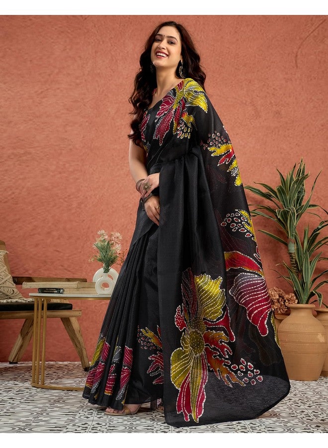 SIRIL Women's Cotton Printed Saree With Unstitched Blouse Piece (4310S264_Black & Yellow) - Image 2