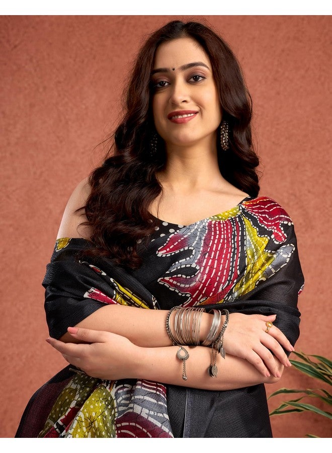 SIRIL Women's Cotton Printed Saree With Unstitched Blouse Piece (4310S264_Black & Yellow) - Image 4