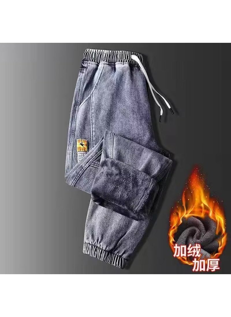 Generic Mens Loose Fit Jeans Durable Elastic Spring Fall Velvet Gray 