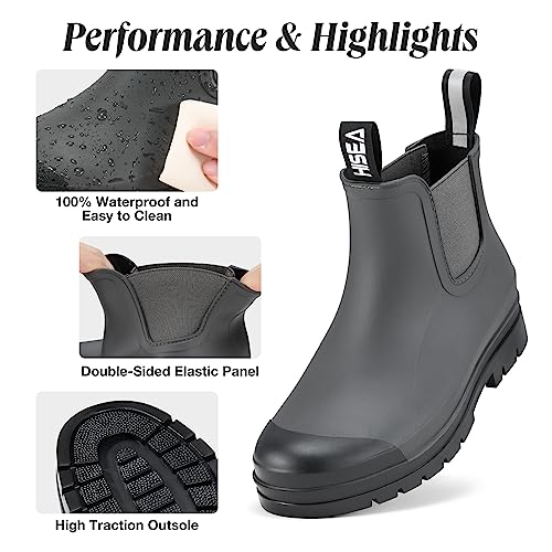 HISEA Women's Short Rain Boots Fashion Waterproof Chelsea Boots Ankle Garden Shoes for Ladies Non Slip Outdoor Work Booties Lightweight Rubber Rainboots with Comfort Insole, Size 9 Grey - Image 2