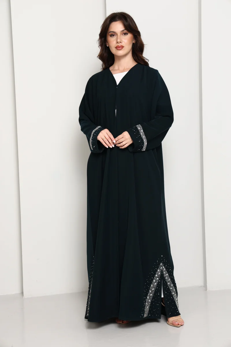 أم سكوير فاشن Emerald Celestial Crystal Abaya I Deep Forest Green Open Front Luxury Abaya with Star Scatter Rhinestone Cuffs & Hem