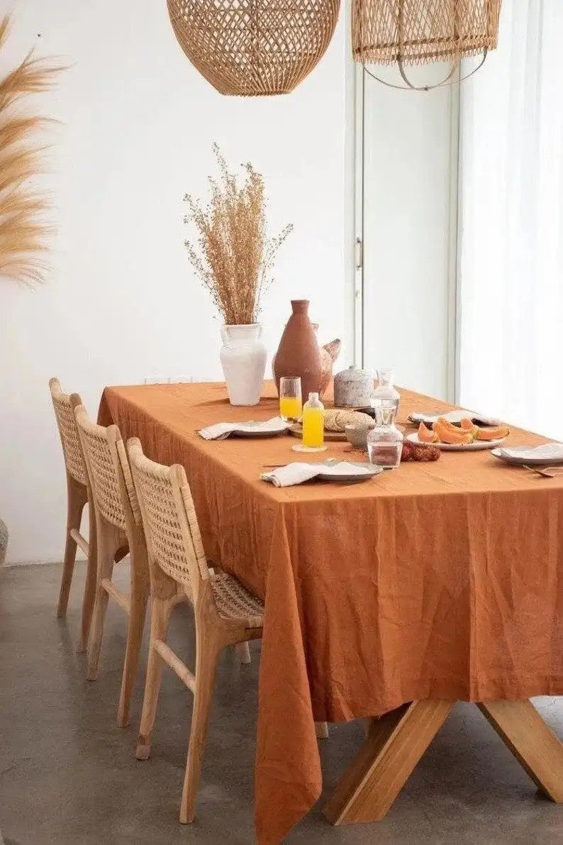 Y&D Linen European Style Tablecloth Set with Floral Pattern – Oatmeal Color Wedding Table Cover Includes Table Runners, 100% Linen - Image 1