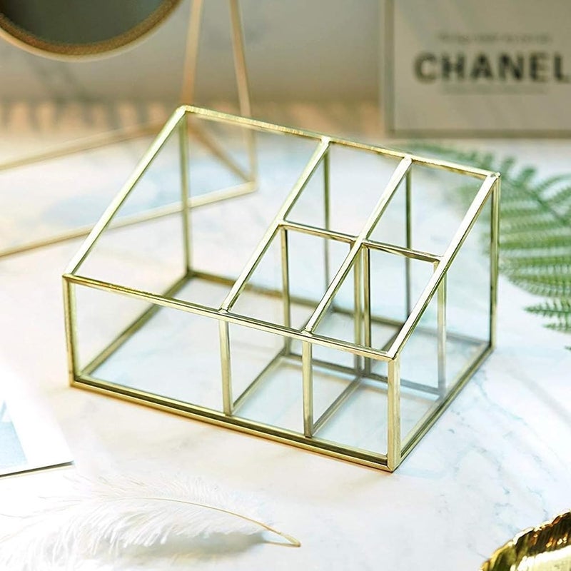 PuTwo Makeup Organizer Vintage 5 Compartments Glass & Metal Cosmetic Organizer Brass Makeup Storage for Makeup Brushes Perfume Lipsticks Nail Polish Makeup Holder for Dresser Vanity Countertop - Gold - Image 5
