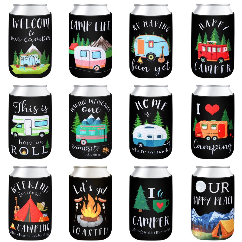 Raiten 12 Pcs Camping Can Sleeves One Happy Camper Can Sleeves Soda Can Beverage for Camping Picnic Outdoor Activities Supplies Camper Decoration Rv Decorations for Inside Camper
