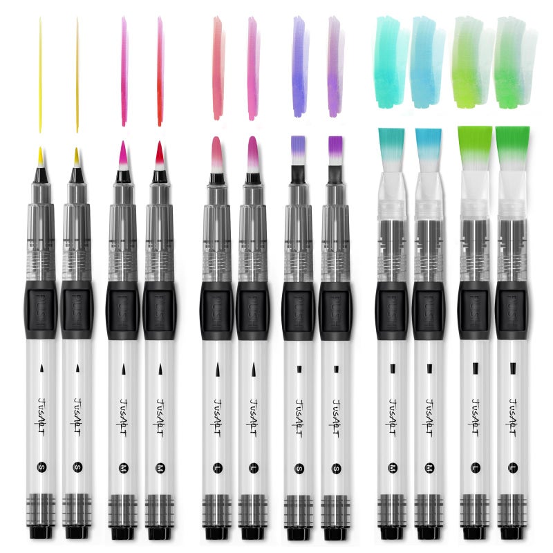 Jusart Water Brush Pens 12-Pack Leak-Proof Refillable Watercolor Pens For Acrylic And Gouache Painting - Includes Pointed & Flat Tip Styles - Portable Water Brushes For Artists  Beginners  Kids - Image 1