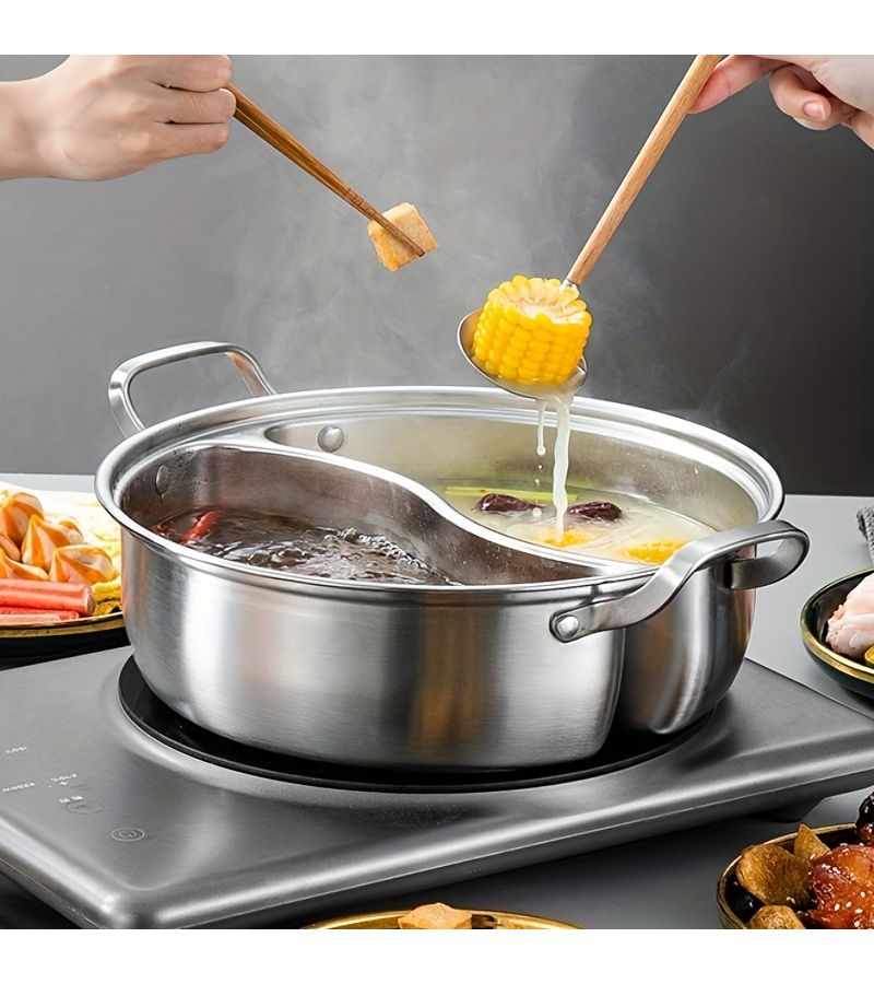 Stainless Steel 12.6 Inch Double Flavor Hot Pot Thickened Design Household Divided Hot Pot Suitable for Induction Cooker Four Season Use - Image 1