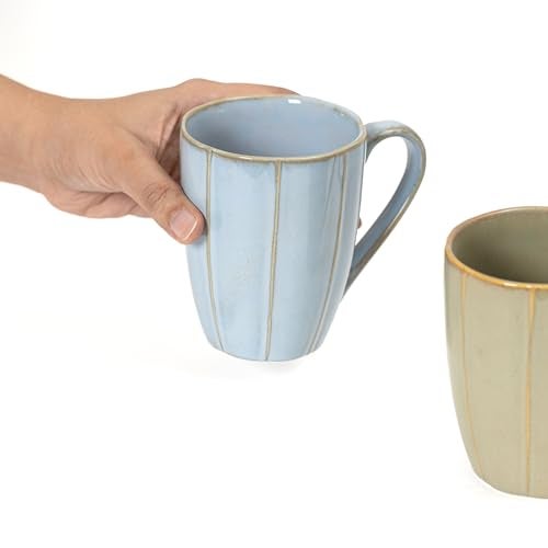 Beyond Homes Handcrafted Ceramic Coffee Mug Set Microwave & Dishwasher Safe Cup Set of 2 for Tea with Handle Glossy Finish, 330ml (2, Ivory & Aqua) - Image 3